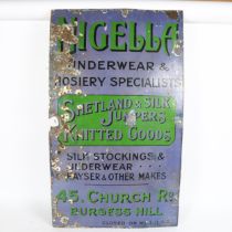 A Vintage Nigella Underwear and Hosiery Specialist's enamel advertising sign, Shetland and Silk