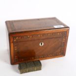 A Regency mahogany chequer-banded tea caddy (no lids), and a small brass dome-top box (2)