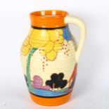 A Clarice Cliff Fantasque large ribbed jug (A/F), height 30cm