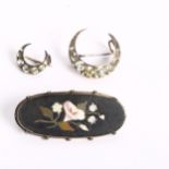 A silver and Pietra Dura brooch of oval form, and 2 silver and paste set crescent design brooches (