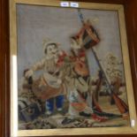 A 19th century needlework embroidery, depicting military figure and drummer, framed, 78cm x 70cm