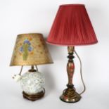 An Oriental table lamp with floral decoration, and shade, height 40cm, and a floral decorated