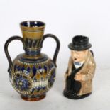 Doulton Lambeth vase, 16cm, and a Winston Churchill character jug