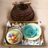 A wicker fisherman's creel, and a box of china and miniature Crested Ware items