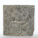 An 18th century relief cast lead wall plaque, depicting figures by a well, 25cm x 25cm Bottom