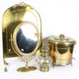 A Wedge oil ship's lamp, a copper food warmer/pot, a modern brass Art Nouveau mirror, and a fire