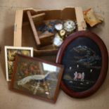 A small pine stool, needlework picture of a pheasant, an Oriental lacquered panel etc (boxful)