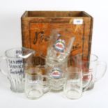 A Victorian advertising pine crate "Beer at home Davenports", and a collection of glass water jugs