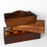 Inlaid games box, and another, both empty, and a cutlery tray, 32.5cm