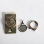TAXCO - a Mexican sterling silver money clip, Mexican ring, and a pendant (3)