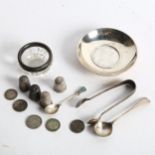 A silver coin dish, thimbles, a silver-mounted salt, salt spoons etc