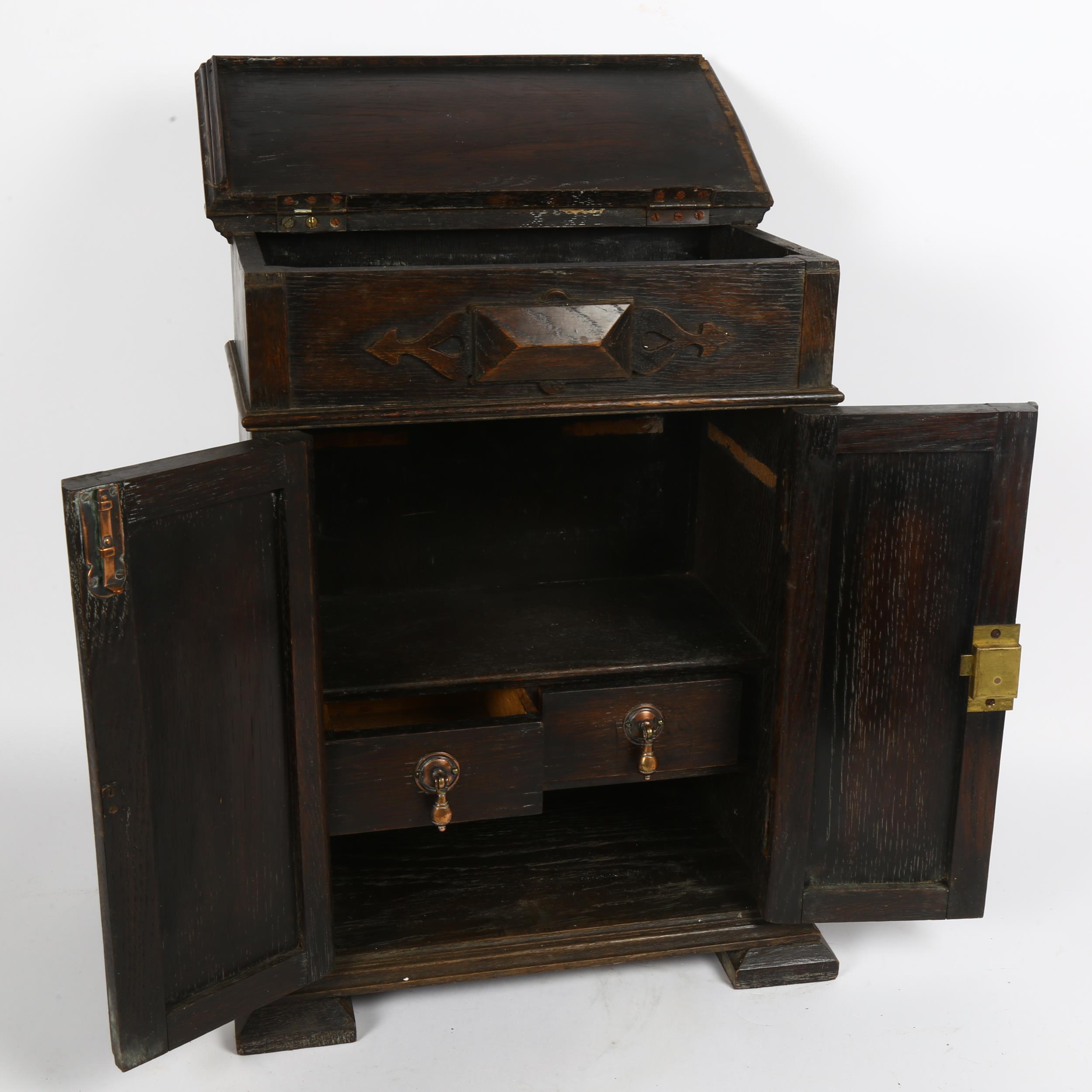 A 17th century style oak table-top armoire apprentice piece, geometric moulded doors, with - Image 2 of 2