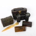 Various collectables, including papier mache snuffbox, pair of Ross opera glasses, miniature