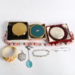 An engine turned silver compact, and 2 others, Vintage costume jewellery etc