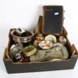 A collection of Vintage lighters, a chamber stick, hip flask, Oriental white metal dish etc (boxful)