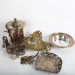 A cast-brass desk stand, silver plated ice bucket, napkin rings etc (boxful)