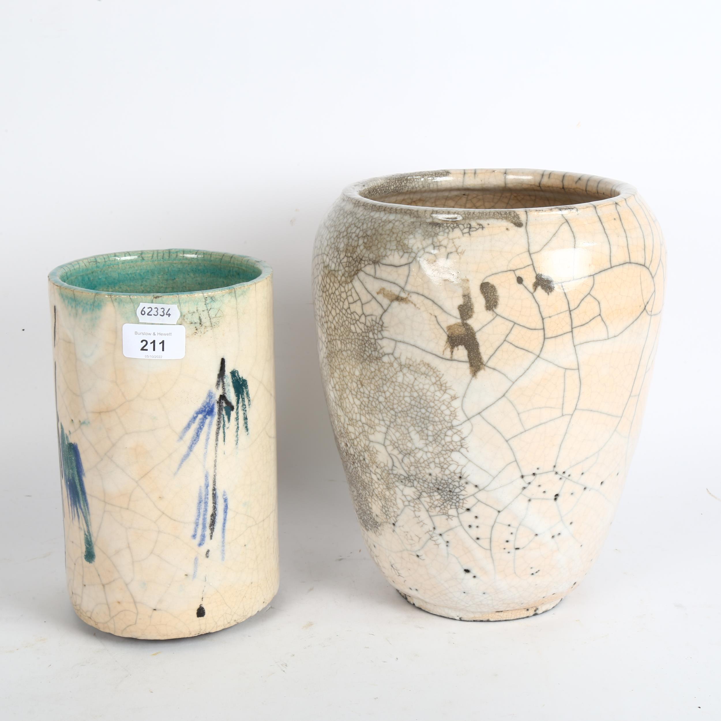 A large baluster crackle glaze vase, height 29cm, and a crackle glaze cylinder vase with painted