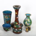 A group of cloisonne items, including a candlestick, 12.5cm, beaker, vase, box etc