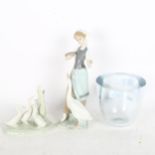 Lladro porcelain goose girl, 23cm, 2 others, and a Scandinavian glass bowl