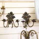 A pair of Vintage twin-branch brass wall lights, height 26cm