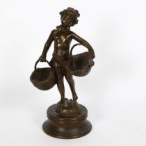 A reproduction patinated bronze figural sculpture, putti with baskets, signed, S Bijara, height 28cm