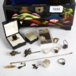 11 various silver dress rings, a silver and marcasite dragonfly design brooch etc, together with a