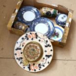 A Victorian ceramic clock plate (A/F), a pair of Chinese vases, part dinnerware etc (boxful)