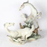 Lladro porcelain group of 2 horses on naturalistic plinth, height 42cm
