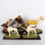 5 Royal Doulton figures on separate plinths, including 2 Pointers and a Barn owl, boxed