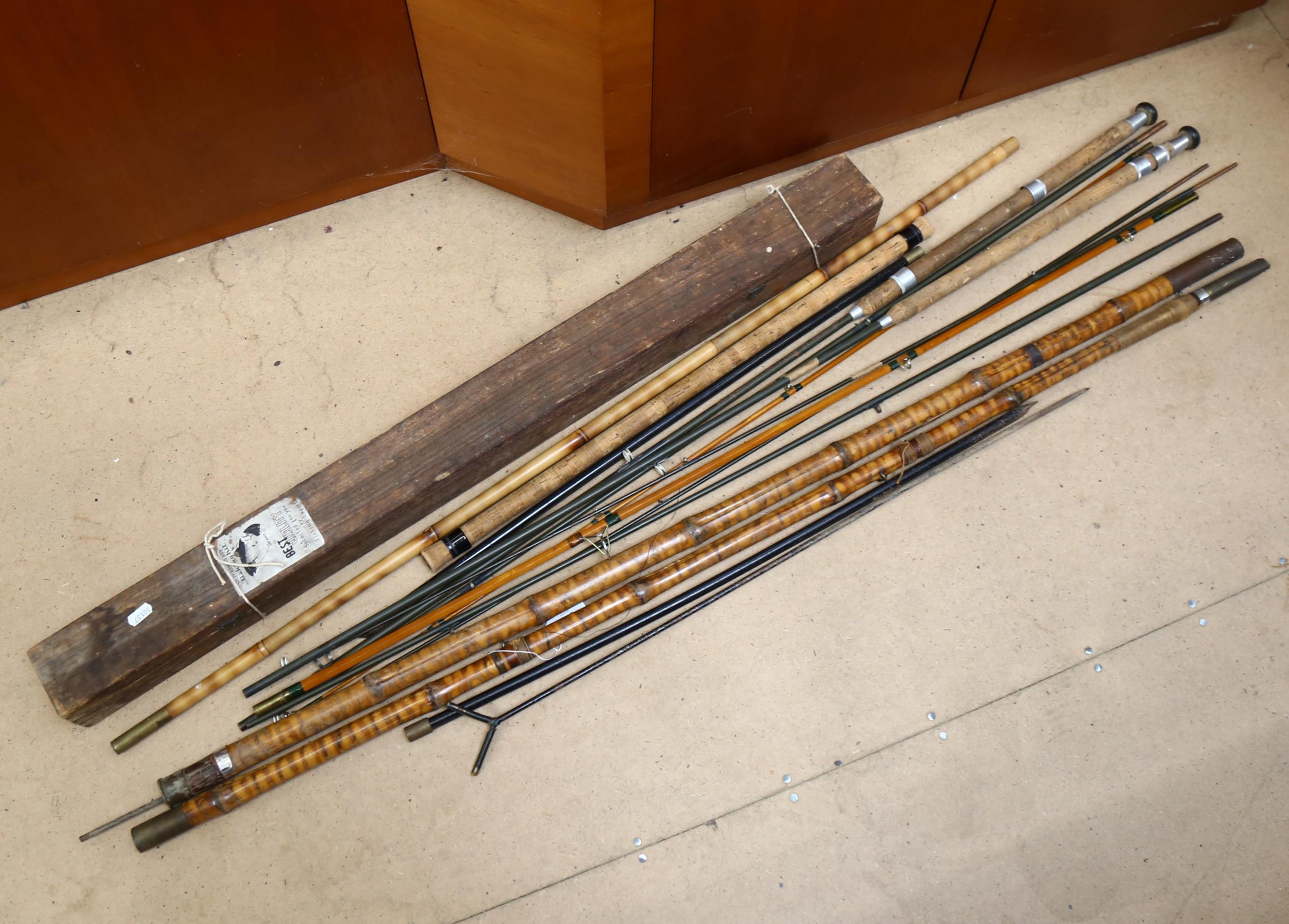 Various Vintage fishing rods, including a Mk IV Carp 550 by R Chapman & Co, 4-piece split-cane rod