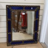 An Antique gilt and gesso rectangular wall mirror, with blue panelled border, 68cm x 55cm