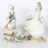 NAO porcelain sculpture, girl with lamb, 23cm, and a Lladro Medieval style maiden (A/F)