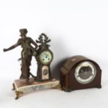 Continental mantel clock with spelter figure, on plinth with lion paw feet, height 43cm, and a 1950s