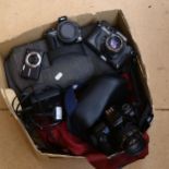 Various Vintage cameras and hand-held video recorders, and lenses, including Fugix-8 video recorder,