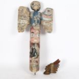 A Canadian Native American carved and painted totem pole, height 50cm, and a Native American figural