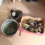 Copper pot, bellows, tray, lantern etc