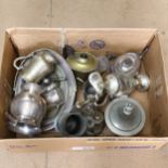 Silver plated tankards, ewer, cruet set, teaware etc (boxful)