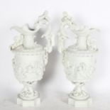 A pair of ornate moulded porcelain ewers, with allover cherubs and decoration with Satyr handles,