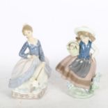 2 Lladro figures, girl with parasol, 18cm, and girl with a basket of flowers, 5224