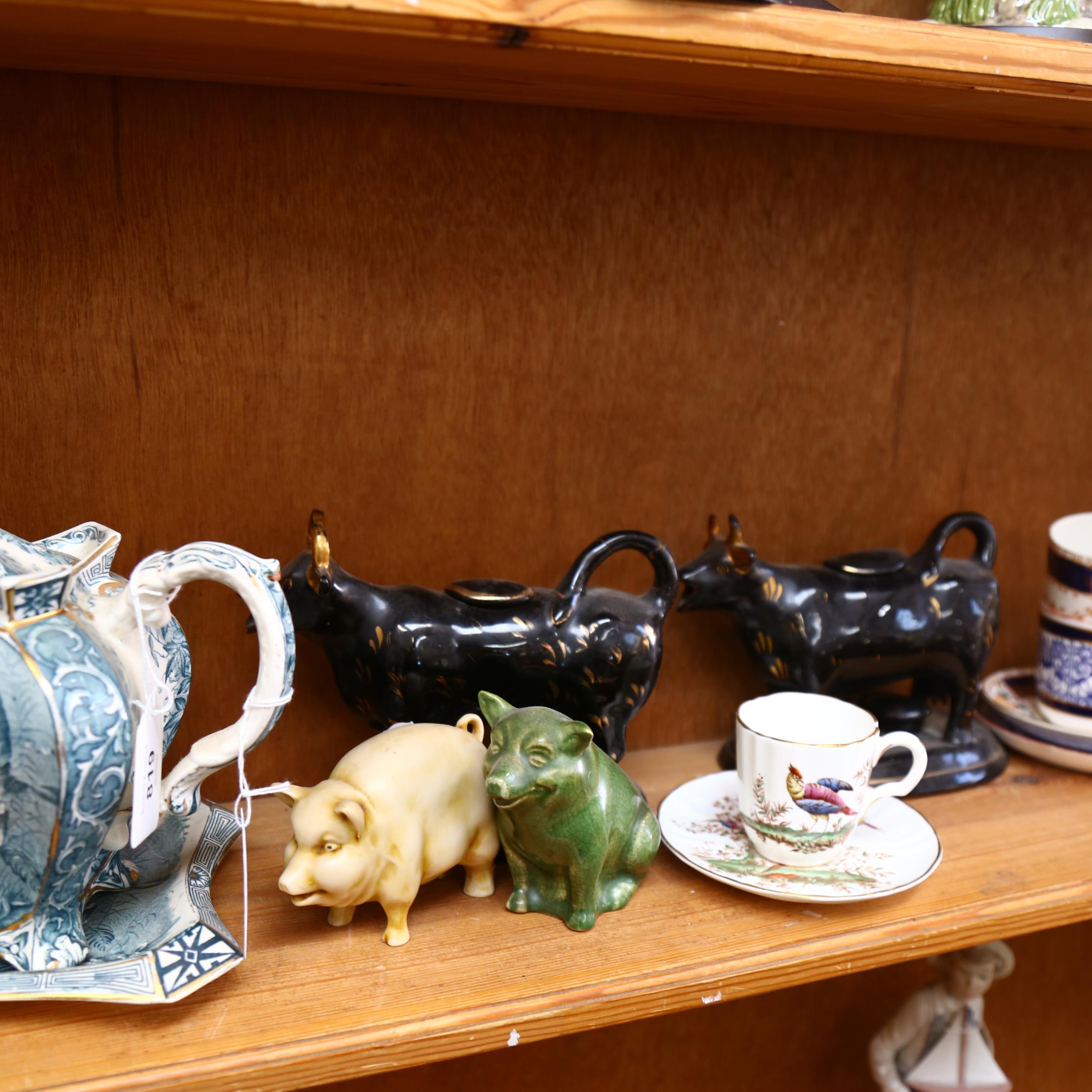 2 Jackfield cow creamers, a Terrier, a Victorian teapot and cover on stand , cabinet cups and - Image 2 of 2