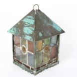 A Victorian copper and leadlight panelled lantern, height including hook 37cm