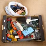 A quantity of Vintage toys, including several Action Men and accessories, train track, and various