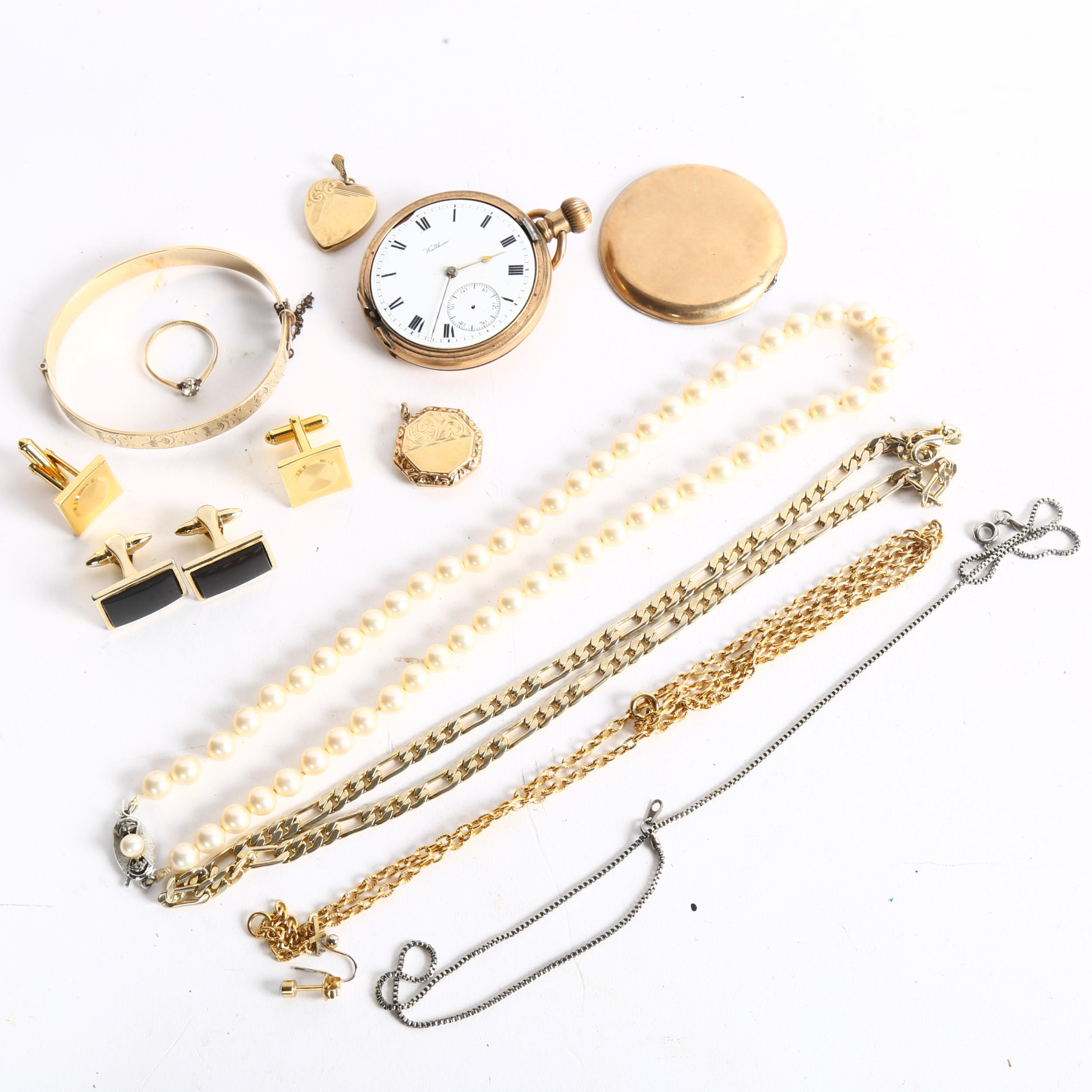 A group of jewellery, including 2 x 9ct gold back and front lockets, rolled gold bangle, a Waltham