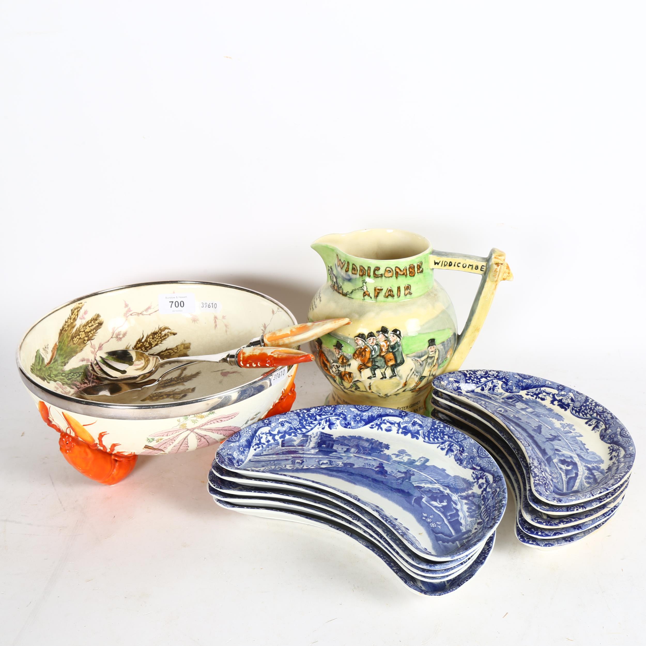 A Crown Devo Widdicombe Fair musical jug, Victorian Wedgwood bowl with lobster feet and matching