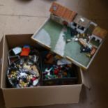 Various Dinky and other farm lorries, tractors and vehicles, plastic animals, figures, wooden farm