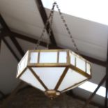 An Art Deco mid-century craftsman chandelier, with brass and frosted glass, diameter 34cm
