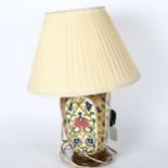 A Turkish polychrome pottery table lamp and shade, overall height 43cm