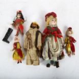 A set of 3 Vintage miniature porcelain-head dolls, and 2 others, largest 22cm
