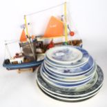 4 boat models, largest length 50cm, and a quantity of blue and white wall plates etc