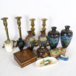 Brass candlesticks, tallest 23.5cm, cloisonne vases, bone-clad box etc